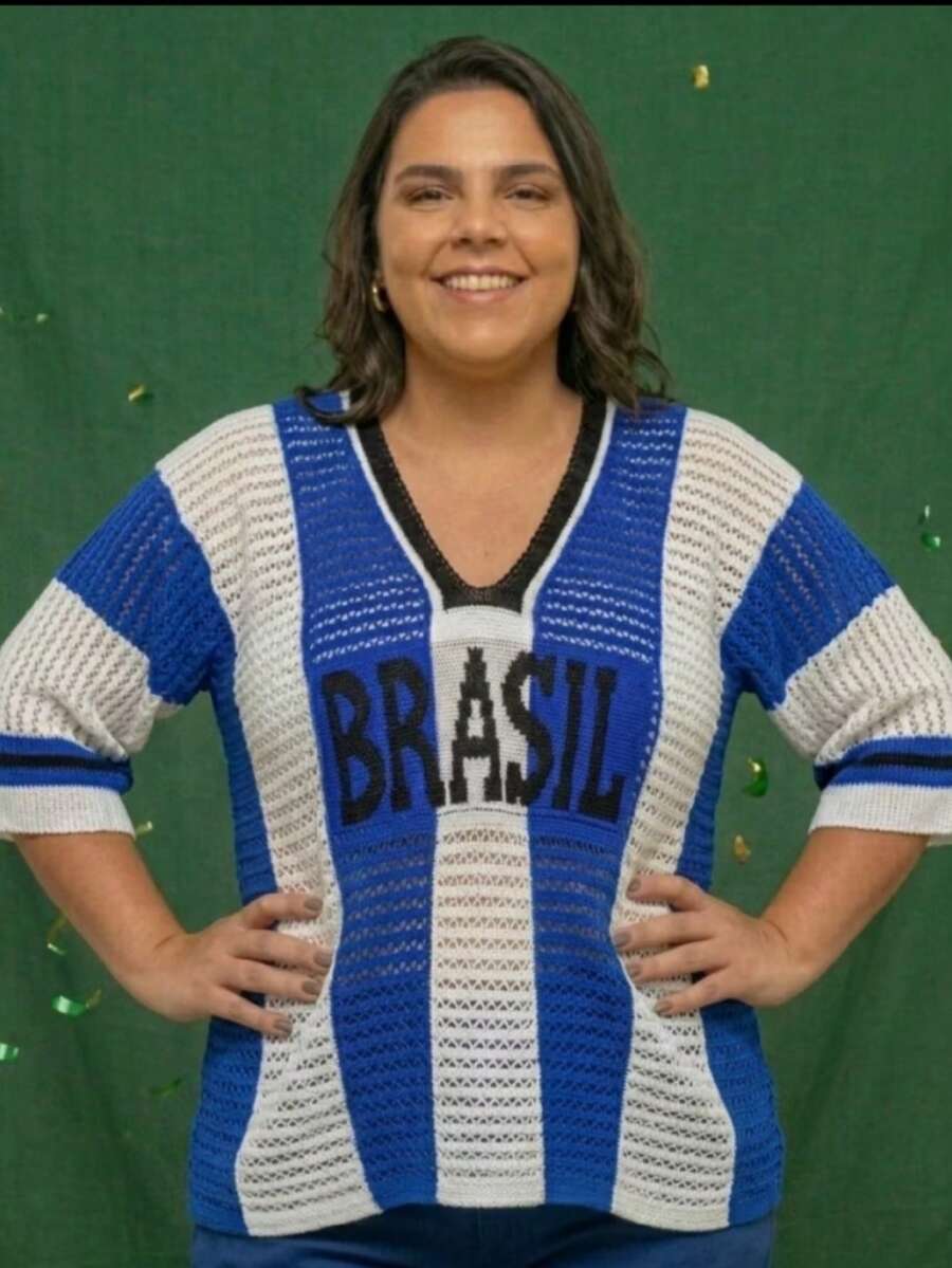 Women's Plus Size Knit Blouse, Brazil Polyester Cutout T-Shirt, World Cup Knit, Summer - 藍色 - 查看 1