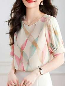 Fashionable Printed Chiffon Blouse, Round Neck Puff Sleeve Loose Style, Breathable And Versatile Summer Wear For Women Vacation - Multicolor - View 10