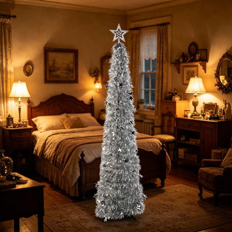 Silver Sequin Foldable Pencil Tree, Artificial Metal Wire Tree, Pop-Up Gold Tree, Reusable Slim Tree Shape, Easy To Assemble, Suitable For Home Decor And Outdoor Occasions - Silver - View 1