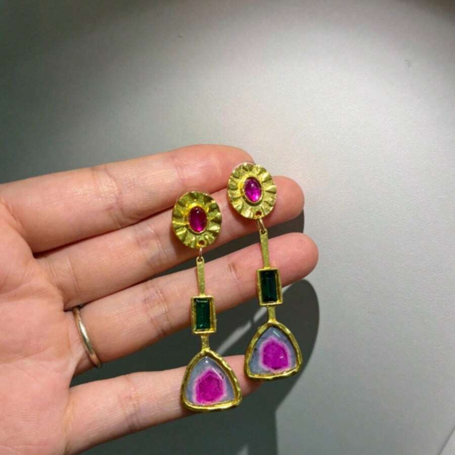 一对优雅独特的几何珐琅彩玻璃个性化耳环，复古风格耳环 - 三角形耳環 - 查看 1