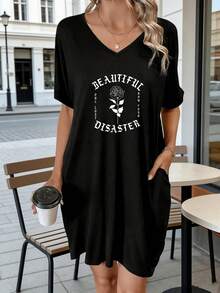 V Neck T Shirt Dress Black Beautiful Disaster Rose Print Casual Outfit - 黑色 - 查看 1