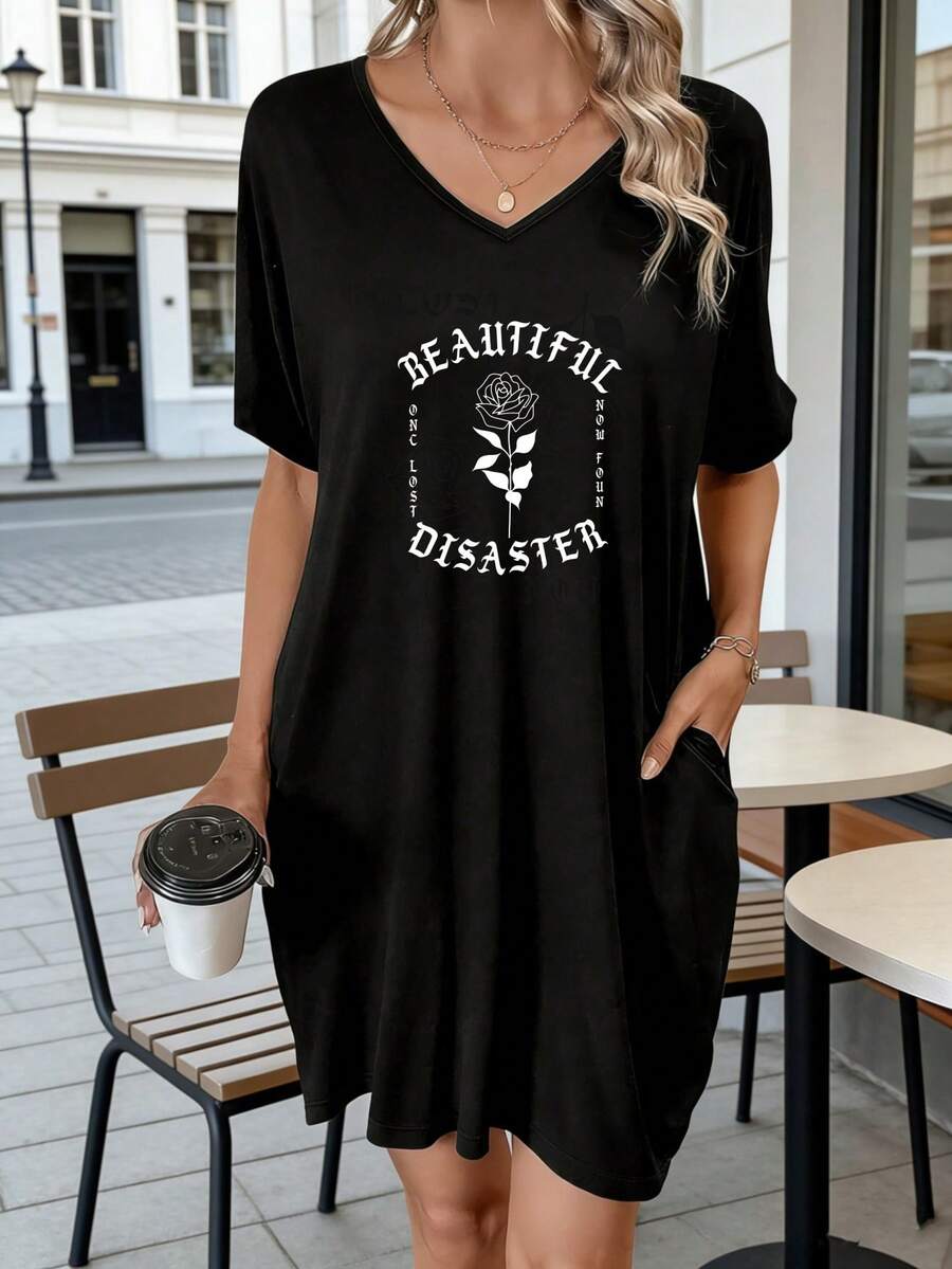 V Neck T Shirt Dress Black Beautiful Disaster Rose Print Casual Outfit - 黑色 - 查看 1