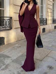 2pcs/Set Elegant Minimalist Holiday Party Commute Business Fitted Waist Suit Vest & Skirt Co-Ord Sets, Autumn Summer - Dark Red - View 2