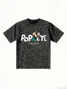 Vintage Washed Cartoon Print Short Sleeve T-Shirt, Retro 90s Aesthetic Casual Streetwear - Black - View 4