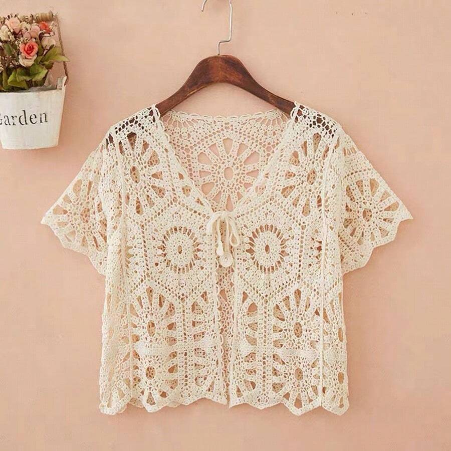 Áo khoác cardigan dệt kim tay ngắn khoét eo kiểu Bohemian dành cho nữ, kiểu khăn choàng ngắn. - Màu be - Xem 1