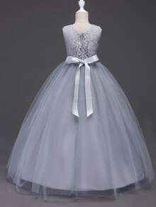 Long Tulle Princess Dress, Girls Formal Gown For Wedding, Birthday Party, Recital, Flower Girl Dress - Grey - View 5