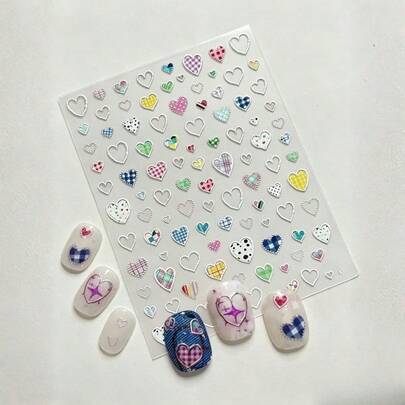 1pc Colorful Plaid Polka Dot Heart 5D Embossed Nail Stickers, Contrast Color Nail Art Decals, Waterproof Self-Adhesive Japanese Style Nail Decorations, DIY Nail Accessories, Affordable Student Supplies