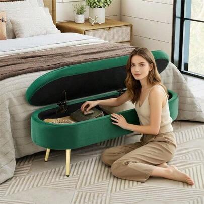 Multifunctional Storage Stool, Soft Velvet Fabric, Metal Legs, Solid Wood Frame, 20 Liters Of Storage, 110x40x42 Cm, For Bedroom, Living Room, Shoe Stool, Hallway, Green