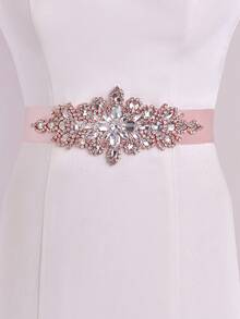 1pc Rhinestone Formal Dress Belt, Hand-Sewn Bridal Accessory, Holiday Gift, Fashion Wedding Dress Belt - Retro Pink - View 8