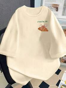 女士休闲短袖T恤，亮丽的羊角面包和条纹图案，圆领，春夏上衣，女士T恤，夏秋女装，女士外套，情人节女装，女士服装，节日服装 - 杏色 - 查看 2