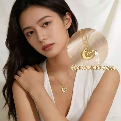 1 chiếc [Mặt Trăng Sao] Dây chuyền mặt trăng sao bằng thép không gỉ khắc tên tiếng Ả Rập, trang sức tùy chỉnh thời trang và thanh lịch, món quà độc đáo, phù hợp để đeo hàng ngày.