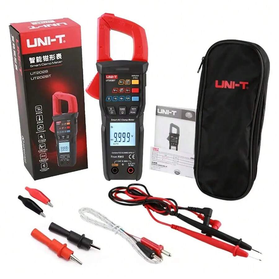 Amperímetro de Tenaza Digital Inteligente UNI-T UT202BT, True RMS, Bluetooth 5.0, Medición Precisa de Voltaje 600V, Corriente 600A, Resistencia, Frecuencia, Capacitancia y Temperatura (-40℃~1000℃) | Pantalla Dual 9999 Cuentas, Retroiluminación y Linterna Integrada | Función NCV, Filtro Pasa-Bajo (LPF), Corriente de Arranque, Retención de Pico | Conexión Bluetooth para Monitoreo en APP UNI-T Smart Measure | Certificado CAT III 600V, Rango Automático, Apagado Automático | Apertura de Tenaza 28mm, Diseño Ergonómico para Una Mano | Ideal para Electricistas, Mantenimiento Industrial, HVAC, Instalaciones Eléctricas y Diagnóstico de Equipos | Incluye Sondas, Sonda de Temperatura, Baterías y Estuche | Calidad UNI-T, Rendimiento Profesional y Confiabilidad en Todas las Mediciones - Negro - Ver 1