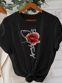 - Women's Casual Crew Neck Shirt, 220g, White Family Floral Print, All-Season Comfort, Machine Washable, - Everyday Shirt | Floral Print Top | Machine Washable Nightgown - Black - View 1
