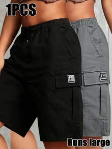 Short cargo pour femmes, design de poches latérales, coupe ample, taille élastique d'été avec cordon de serrage, poches noires - Noir - Voir 3