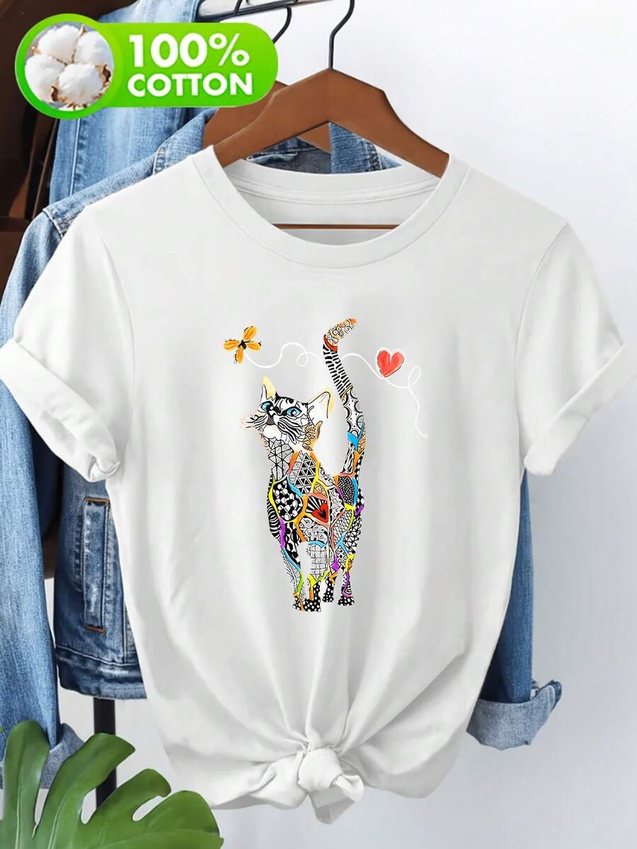 Damtoppar 2026 100 % ren T-shirt med utomhusmotiv, kortärmad T-shirt för kvinnor, färgglatt geometriskt kattmönster, vardagliga och moderiktiga kläder, 'Den rena kortärmade skjortan är för mjuk' sommaroutfit för kvinnor - [Vit] - Visa 1