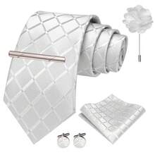 Bộ sản phẩm gồm 1/2/3/5 món: cà vạt, khăn cài túi, khuy măng sét, kẹp cà vạt và ghim cài ve áo bằng polyester kẻ caro trắng dành cho nam, rộng 8CM (3.15 inch). - trắng - Xem 5