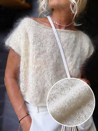 Oatmeal White Loose Off-Shoulder Short Sleeve Knit Top, Suitable For Summer Parties, Graduation Ceremonies And Elegant Styles