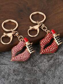 Rhinestone Lip Car Key Chain, Metal Cute Bag Charm Keyring Gift - Red - View 3