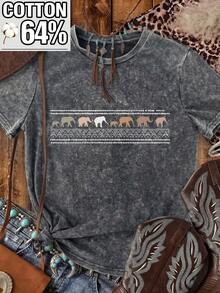 Áo thun cotton dáng rộng, cổ tròn, tay ngắn, chất liệu denim bạc màu, in hình voi vintage ngộ nghĩnh, phù hợp cho mọi mùa, màu đen mùa hè. - màu đen - Xem 3