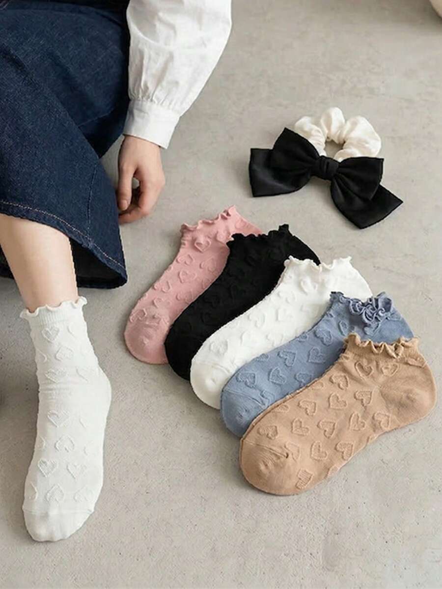 女士荷叶边短袜，可爱3D爱心图案低帮隐形袜，柔软透气休闲荷叶边袜，适合女士日常穿着 - 彩色 - 查看 1