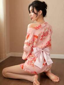1件可爱性感日式印花半透明和服浴袍 - 粉色 - 查看 8