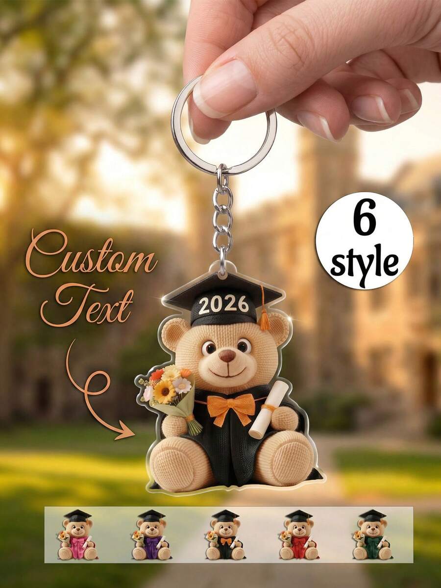 1pc Custom Flower Bouquet Graduation Bear 2026 Keychain, Personalized Text Multiple Styles Acrylic Charm, Graduation Gift For High School/College Graduate, Party Keepsake - Multicolor - View 1