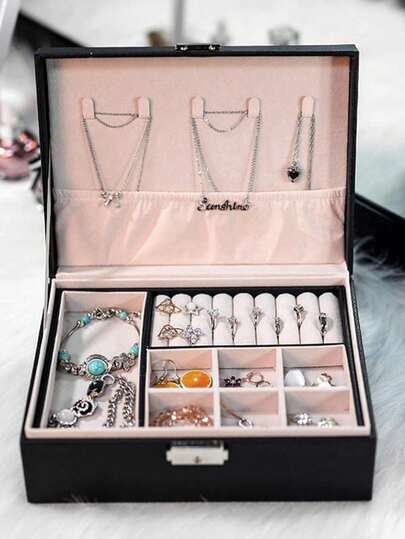 1pc Dual Layer Jewelry Box, PU Leather Jewelry Display Case, Luxury Lockable Jewelry Storage Box, Home Jewelry Organizer Accessories For Necklaces, Earrings, Rings, Bracelets, Holiday Gift, Back To School Gift, Large Capacity Jewelry Box, Dual Layer Lockable Jewelry Box, PU Leather Waterproof Earring Ring Jewelry Storage Box