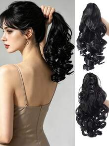 棕黑色12英寸深波浪耐热合成马尾假发，棕色/自然黑色，爪夹设计，适合女性在圣诞节、万圣节、音乐节和日常佩戴。 - 彩色 - 查看 1