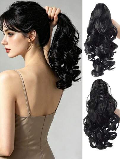 棕黑色12英寸深波浪耐热合成马尾假发，棕色/自然黑色，爪夹设计，适合女性在圣诞节、万圣节、音乐节和日常佩戴。