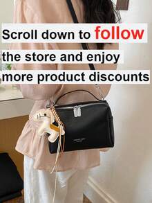 1pc Women's Solid Color PU Handbag, Minimalist Fashion One Shoulder Crossbody Small Square Bag With Pendant, Suitable For Commuting, Shopping, And Gift - Black - View 2