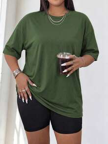 Speed mate Plus Size Women's Solid Color Round Neck Short Sleeve Casual Fitness Sports T-Shirt - Dark Green - View 2