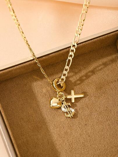 1PC Women's Catholic Vintage Multi-Pendant Necklace, Elaborately Made Of 14k Gold-Plated Copper, With Dollar Sign $ As The Main Pendant Matched With Sacred Heart And Cross, Textured From Detailed Carving (E.G., 3D Outline Of The Symbol), Shows Unique Taste For Daily Wear, Ideal Gift For Catholic Festivals