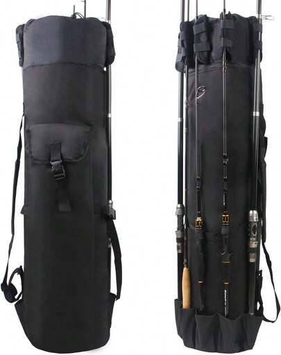 Fishing Rod Portable Fishing Pole Bag Waterproof Fishing Rod Reel Tackle Storage Bag Multifunctional Fishing Gear Organizer Travel Carry Fishing Bag (Black)