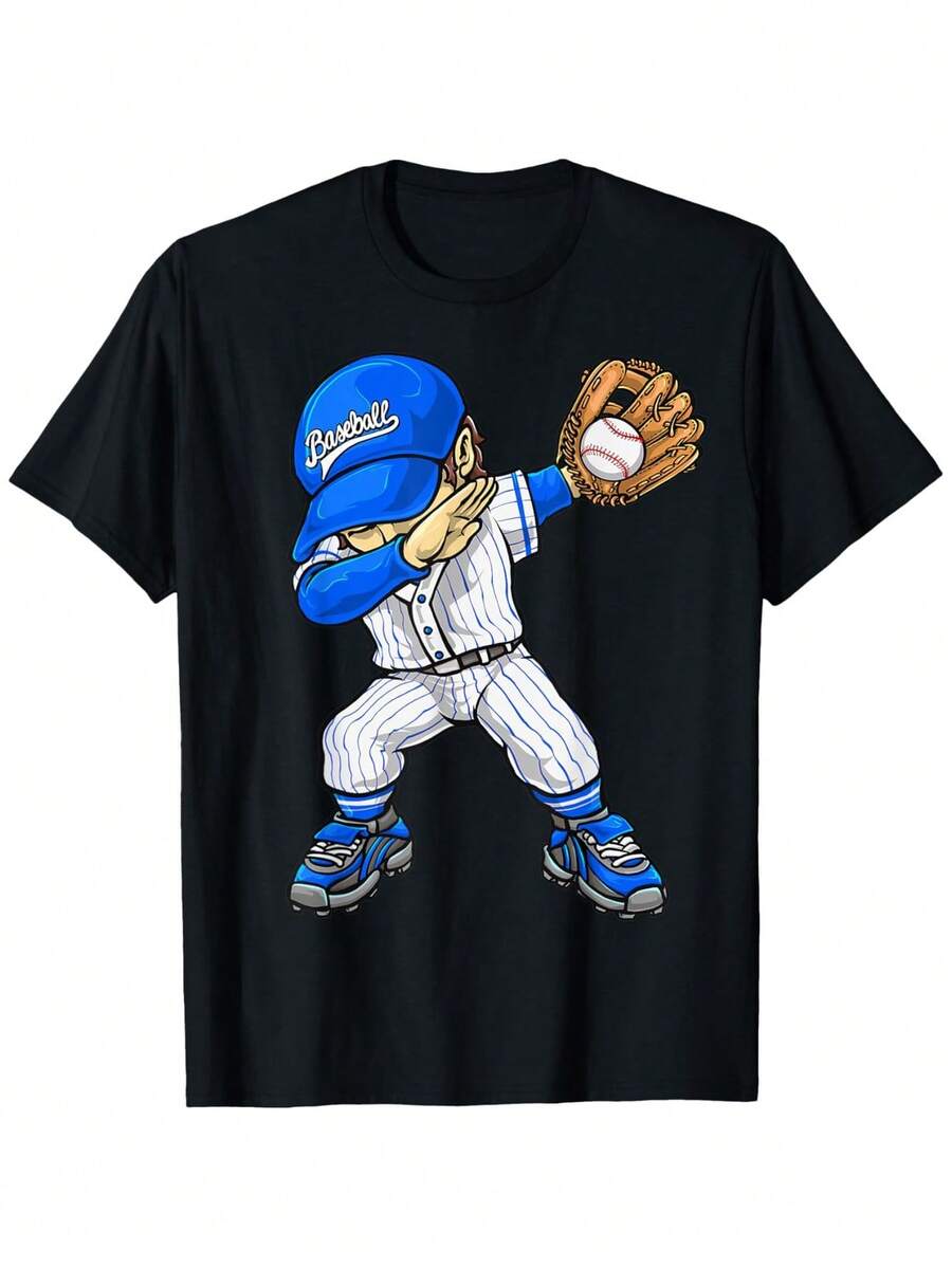 Camiseta de béisbol con estampado de jugador, receptor y lanzador para niño y niña, tela suave, transpirable, de manga corta. - Negro - Ver 1