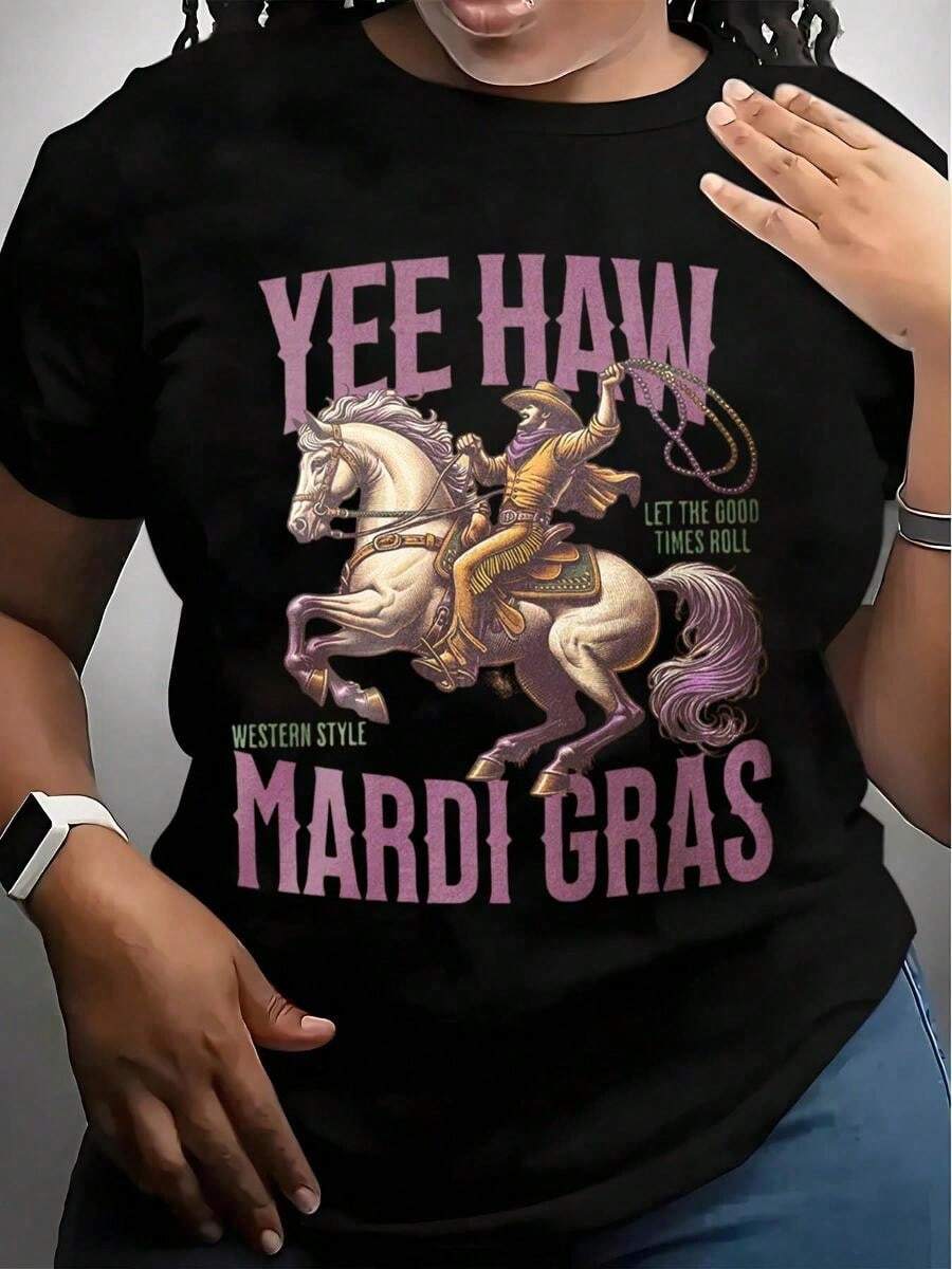 Yee Haw Western Style Mardi Gras T-Shirt - Let The Good Times Roll, Cowboy Riding Horse Design, Festive Party Shirt For Women, Halloween, Carnival, And Mardi Gras Celebration Apparel,220g - 灰色 - 查看 1
