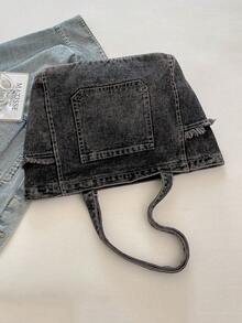 New Denim Large Capacity Tote Bag, Casual Versatile Shoulder Handbag, Underarm Carry Bag, Student School Bag - Black - View 8