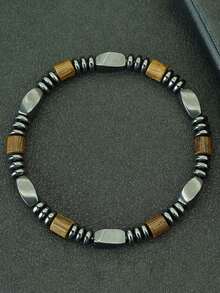 diffone 时尚手工木珠手链吊坠黑色赤铁矿串珠手链男士臂环饰品 - 棕色 - 查看 2