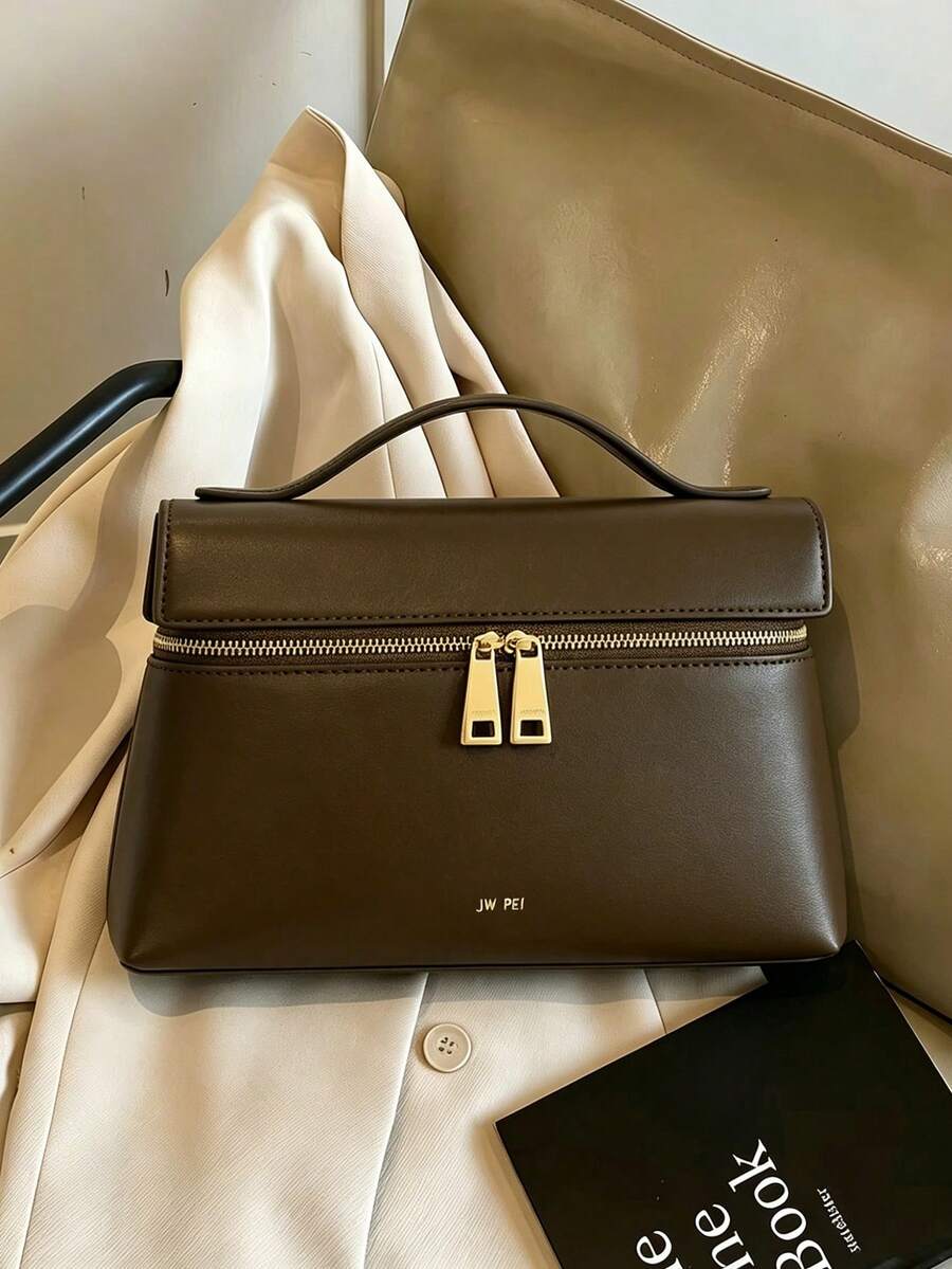 New Fashion Versatile Solid Color PU Waterproof Handbag, Zipper Closure Design, Letter Graphic Decor, Elegant Ladies Wallet, Handbag/Box Bag, Business Commuter Bag, Travel Essential, Suitable For Travel, Shopping, Commuting And Vacation, Women's Gift - Olive Green - View 1