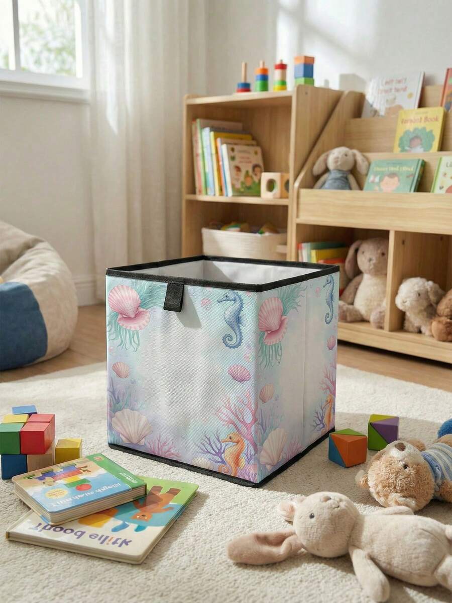 1pc Large Capacity Foldable Storage Box, Cartoon Mermaid Printed Open Storage Basket, Multi-Function Drawer Type Design, Space-Saving For Home, Dorm, Nursery, Under Bed Storage - Multicolor - View 1