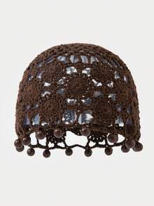 1pc Women's Fashion Pearl Pendant Hollow Flower Decor Hand-Knitted Hat, Suitable For Daily Wear - A - View 10