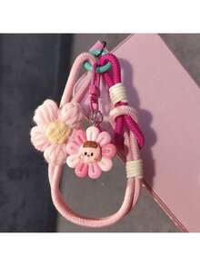 1 Set Estilo Ins Colgante de flor de algodón de dopamina para bebé, cordón para teléfono, correa de muñeca tejida, colgante de dibujos animados lindo, adecuado para mujeres - Multicolor - Ver 2