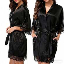 1 Piece Women's Solid Color Elegant Laced Autumn/Winter Robe, Sexy Short Satin Silk Soft Pajamas, Suitable For Brides, Bridesmaids, And Home Wear, Wedding Season Short Dress Robe, Morning Gown And Sleepwear - Black - View 2