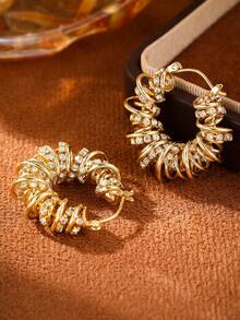 1 Pair Summer Twisted Wrapped Faux Diamond Hoop Earrings, Gold & Silver Chunky Shiny Earrings For Women, Y2K Vintage Daily Gift - Wrapped Circle Earrings - View 4