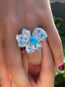 1 pieza Anillo ajustable con flor de turquesa azul grande, joyería de mujer plateada en plata con circonita cúbica para boda, compromiso, banquete, fiesta, baile de graduación, vacaciones, accesorios de disfraz - Azul - Ver 11