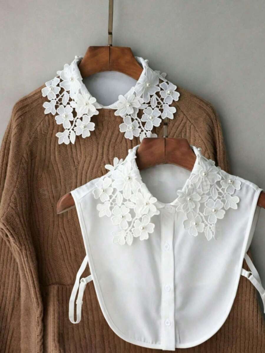 可拆卸雪紡刺繡蕾絲花朵領飾，適用於針織衫、洋裝、制服、夾克及其他休閒服飾，可增添正式優雅感，適合各種風格，圓點領，女款襯衫、內搭袍、可拆袖、馬戲團風、夏季、背心、白襯衫、旅行、服飾配件，可拆卸校園領飾 - 彩色 - 查看 1