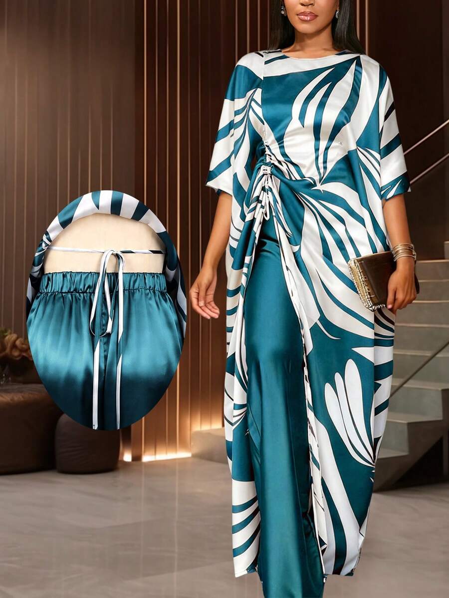 AOMEI Women's Elegant Noble African Traditional Print Loose Dress With Drawstring High Waist Pants 2 Pieces Set Summer Formal Occasion New Fashion - Dusty Blue - View 1