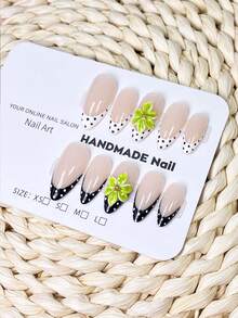 10 Pieces Of Pure Handmade Wearable Black And White Polka Dot French-Style Three-Dimensional Green Flower Almond-Shaped Nails, Equipped With A Toolkit, And Reusable. - Multicolor - View 10