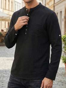 男士休闲纯色胸前刺绣长袖衬衫 - 黑色 - 查看 3