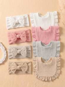 8pcs Newborn 3D Bow Headbands + Pleated Texture Baby Bibs, Minimalist Style Milk Series Multi-Color Baby Fontanel Protection & Anti-Dirty Set, Suitable For Daily Use In All Seasons - Multicolor - View 4