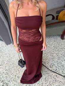Vestido corto elegante y sexy con tirantes finos, diseño plisado, color marrón, adecuado para fiestas de verano y cócteles - Burdeos - Ver 4